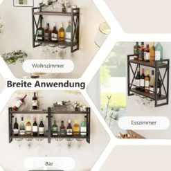 2 Ebenen Wand-Weinregal mit 3 Stielglas-Haltern Flaschenregal Holz mit Metallrahmen