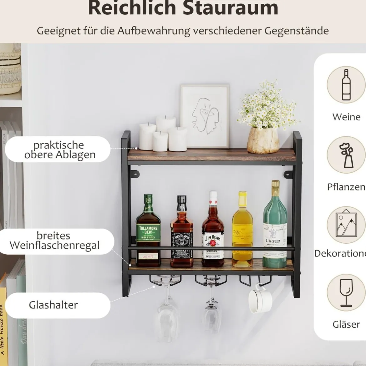 2 Ebenen Wand-Weinregal mit 3 Stielglas-Haltern Flaschenregal Holz mit Metallrahmen