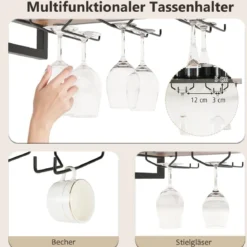 2 Ebenen Wand-Weinregal mit 3 Stielglas-Haltern Flaschenregal Holz mit Metallrahmen