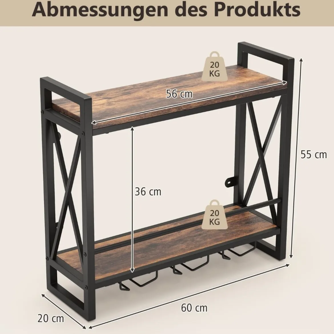 2 Ebenen Wand-Weinregal mit 3 Stielglas-Haltern Flaschenregal Holz mit Metallrahmen