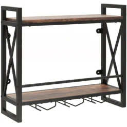 2 Ebenen Wand-Weinregal mit 3 Stielglas-Haltern Flaschenregal Holz mit Metallrahmen