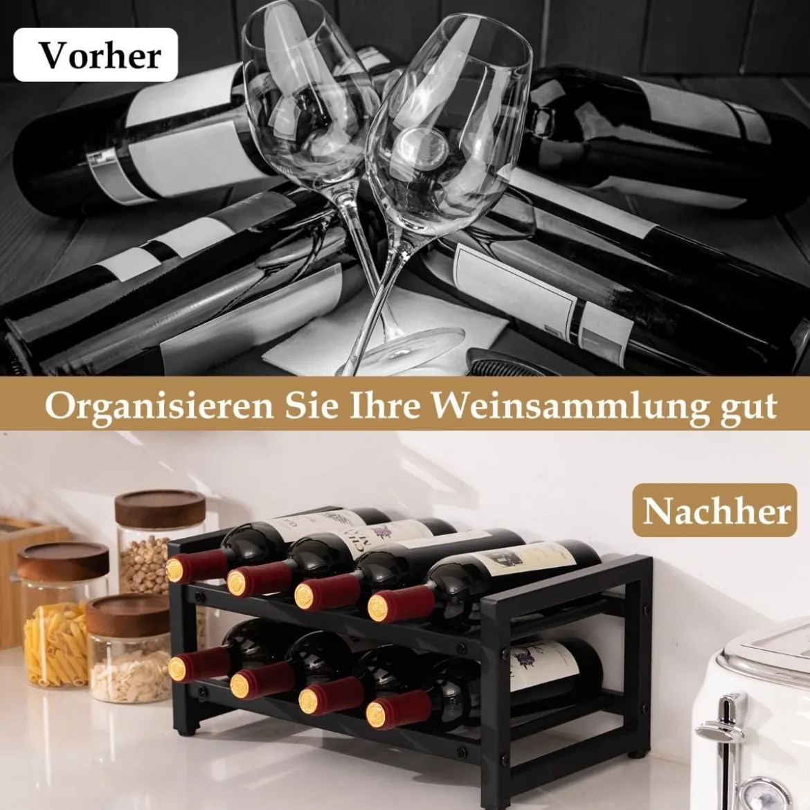 2 Ebenen Weinregal aus Metall für 8 Flaschen Flaschenregal mit verstellbaren Fußpolstern