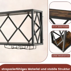 2 Ebenen Weinregal Wand mit Metallrahmen & 6 Reihen Weingläserhalter aus Holz Flaschenregal