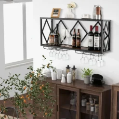 2 Ebenen Weinregal Wand mit Metallrahmen & 6 Reihen Weingläserhalter aus Holz Flaschenregal