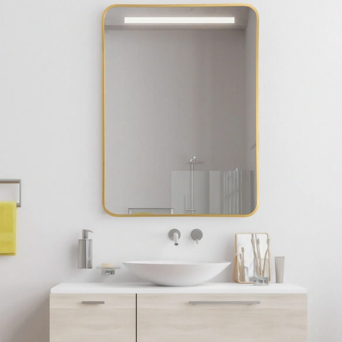 Echteckiger Wandspiegel mit Metallrahmen für Badezimmer 76,5 x 56 cm Gold