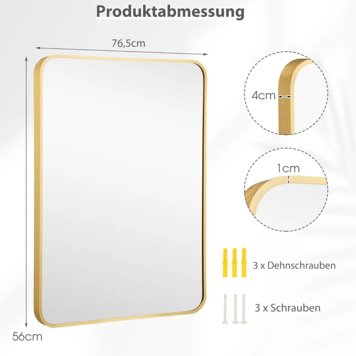 Echteckiger Wandspiegel mit Metallrahmen für Badezimmer 76,5 x 56 cm Gold