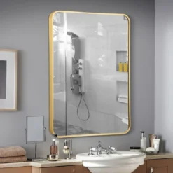 Echteckiger Wandspiegel mit Metallrahmen für Badezimmer 76,5 x 56 cm Gold