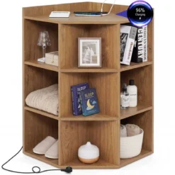 Eck-Bücherregal mit Ladestation Eckregal mit 9 Fächern & 1 USB-Anschluss & 2 Steckdosen