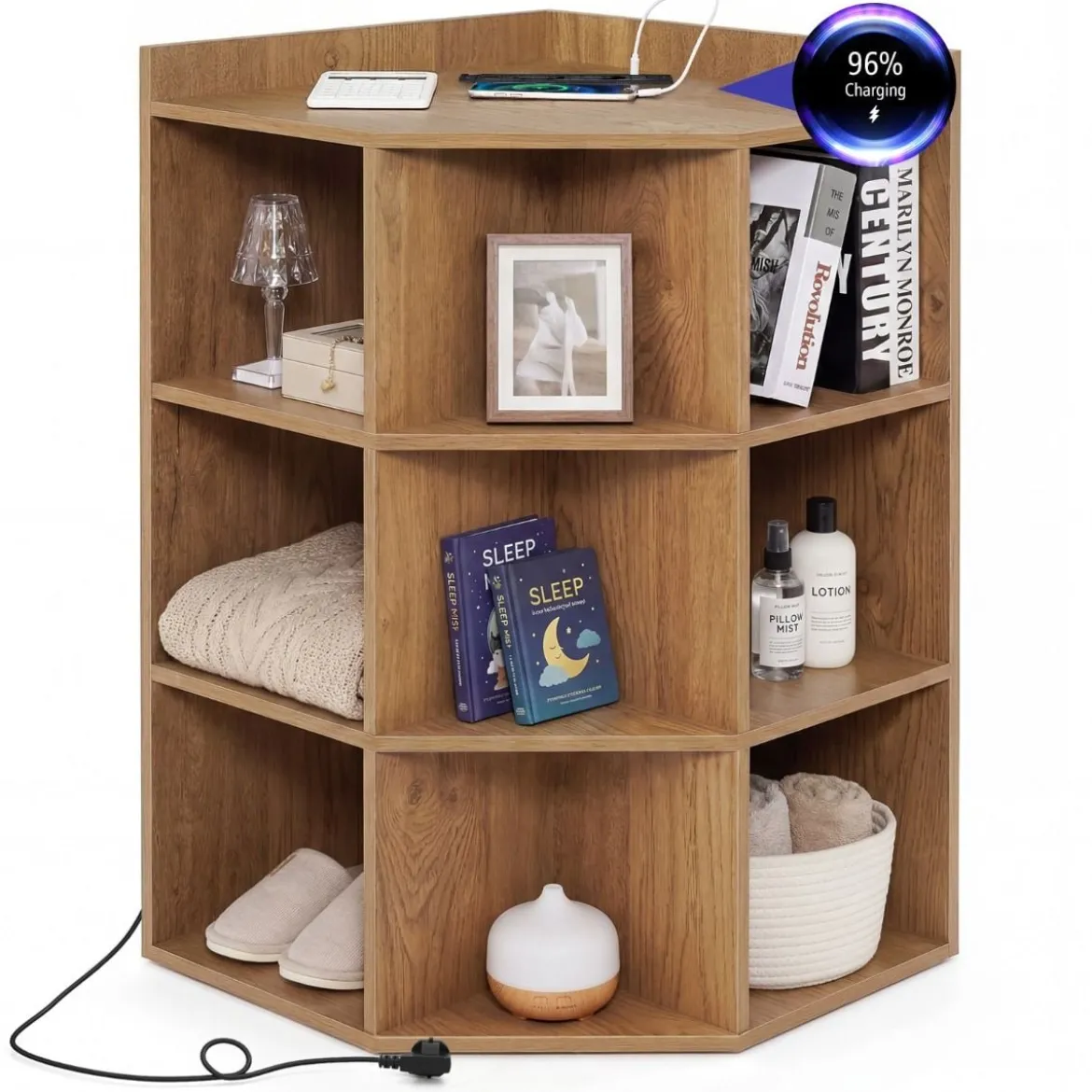 Eck-Bücherregal mit Ladestation Eckregal mit 9 Fächern & 1 USB-Anschluss & 2 Steckdosen
