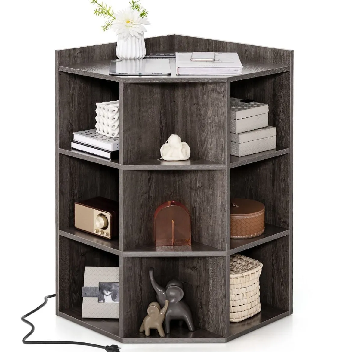 Eck-Bücherregal mit Ladestation Eckregal mit 9 Fächern & 1 USB-Anschluss & 2 Steckdosen