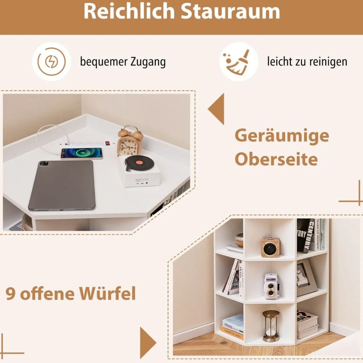 Eck-Bücherregal mit Ladestation Eckregal mit 9 Fächern & 1 USB-Anschluss & 2 Steckdosen