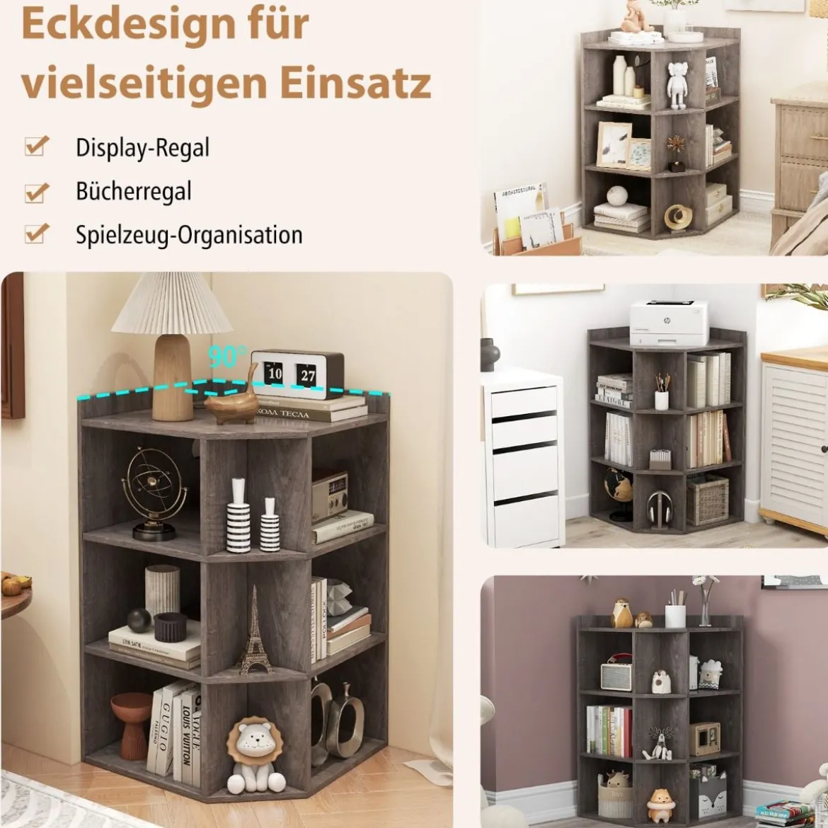 Eck-Bücherregal mit Ladestation Eckregal mit 9 Fächern & 1 USB-Anschluss & 2 Steckdosen