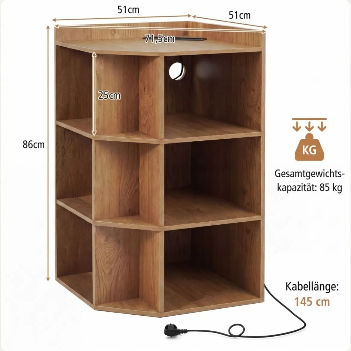 Eck-Bücherregal mit Ladestation Eckregal mit 9 Fächern & 1 USB-Anschluss & 2 Steckdosen