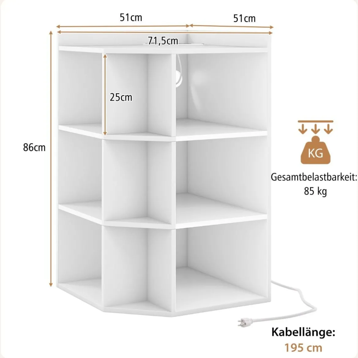Eck-Bücherregal mit Ladestation Eckregal mit 9 Fächern & 1 USB-Anschluss & 2 Steckdosen