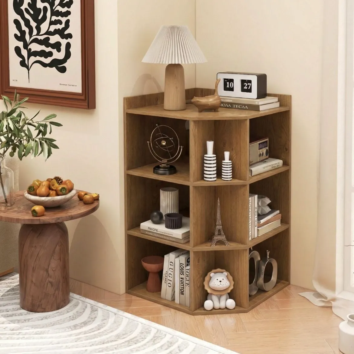 Eck-Bücherregal mit Ladestation Eckregal mit 9 Fächern & 1 USB-Anschluss & 2 Steckdosen