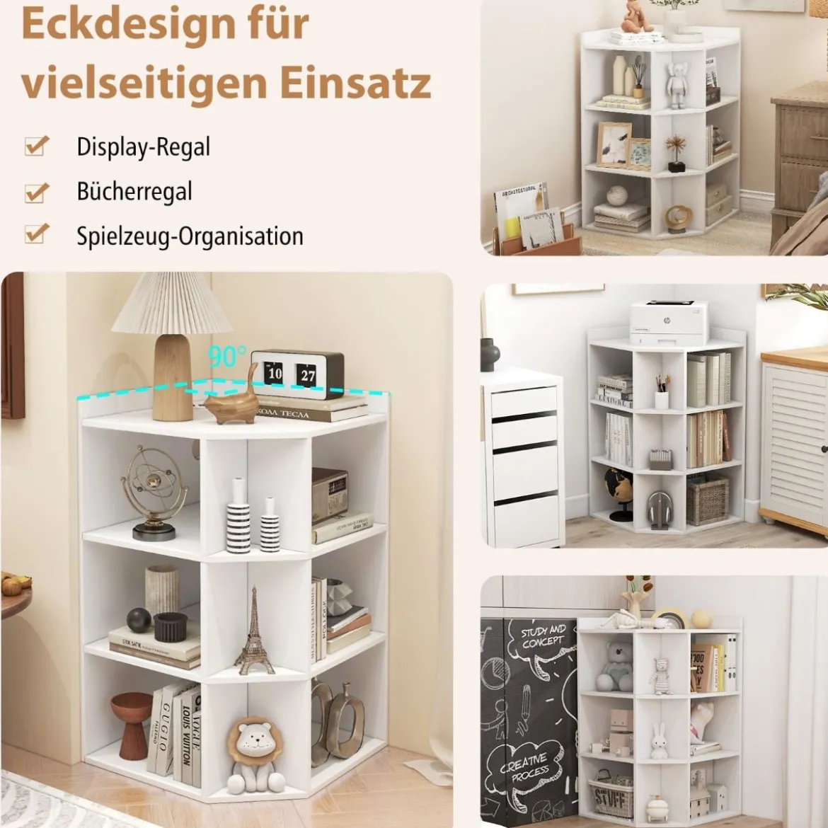 Eck-Bücherregal mit Ladestation Eckregal mit 9 Fächern & 1 USB-Anschluss & 2 Steckdosen