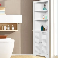 Ecke Badezimmerschrank mit 3 Offenen Regalen & 2 Lamellentür Bad Eckschrank Hochschrank Weiß