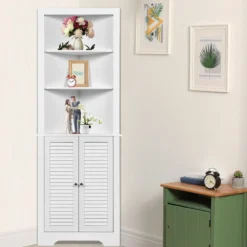 Ecke Badezimmerschrank mit 3 Offenen Regalen & 2 Lamellentür Bad Eckschrank Hochschrank Weiß