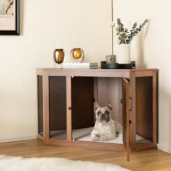 Eck-Haustierkiste Hundezwinger-Endtisch mit Gittertür & Kissen 114 x 59 x 67 cm Braun