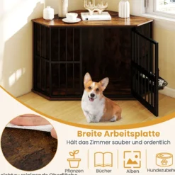 Eck-Hundekäfig platzsparender Hundekäfig mit verstellbarem Futterspender 2 Edelstahlnäpfen Braun