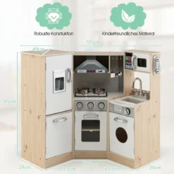 Eckküch Eck Spielküche mit Sound und Licht Kinderküche aus Holz inkl. Spielzubehör Weiß + Natur