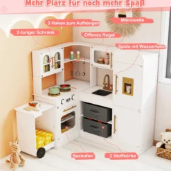 Eckküche mit Licht und Sound Holzspielset mit ausziehbarer Arbeitsplatte Spüle Herd Ofen Kühlschrank Weiß