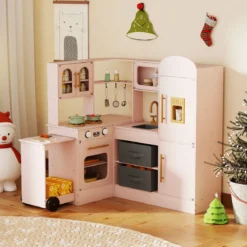 Eckküche mit Licht und Sound Holzspielset mit ausziehbarer Arbeitsplatte Spüle Herd Ofen Kühlschrank Rosa