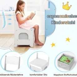 Eck-Kinderschminktisch mit Spiegel & Beleuchtung Prinzessinnen-Schminktisch mit Stuhl-Set Kosmetiktisch Blau