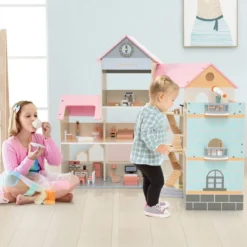 Eck-Puppenhaus aus Holz mit Rosa Dach & 41 Möbelstücken & Zubehör Puppenstube DIY Traumhaus Rosa