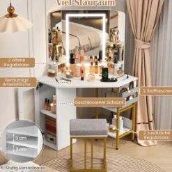 Eck Schminktisch mit Hocker & LED Beleuchtung & Ladestation Eck-Frisiertisch Kosmetiktisch