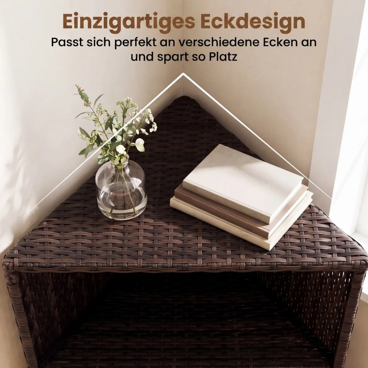 Eckschrank Rattan Outdoor Aufbewahrungsschrank mit 3 Ablagen 2 Türen und Feststellbaren Rollen