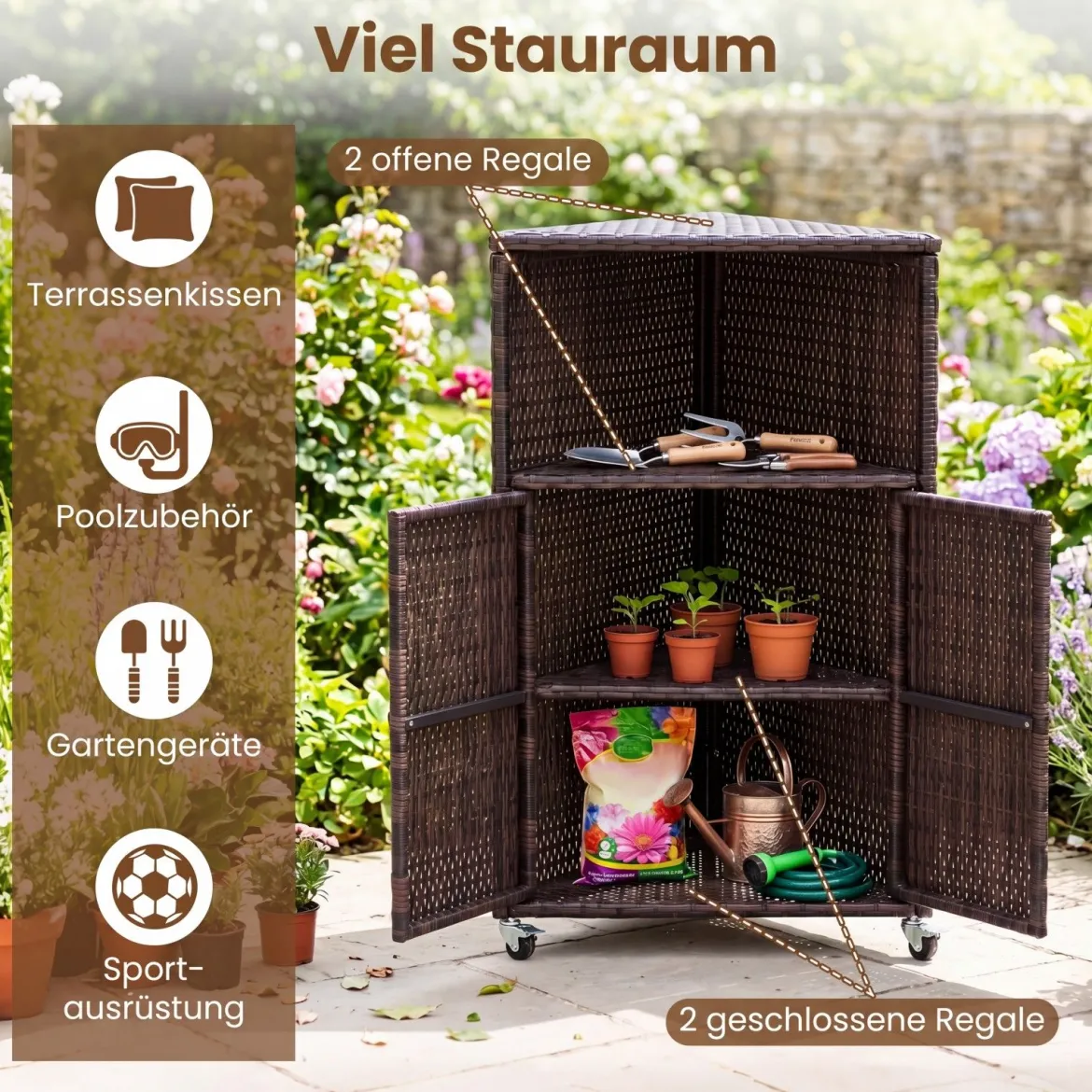 Eckschrank Rattan Outdoor Aufbewahrungsschrank mit 3 Ablagen 2 Türen und Feststellbaren Rollen