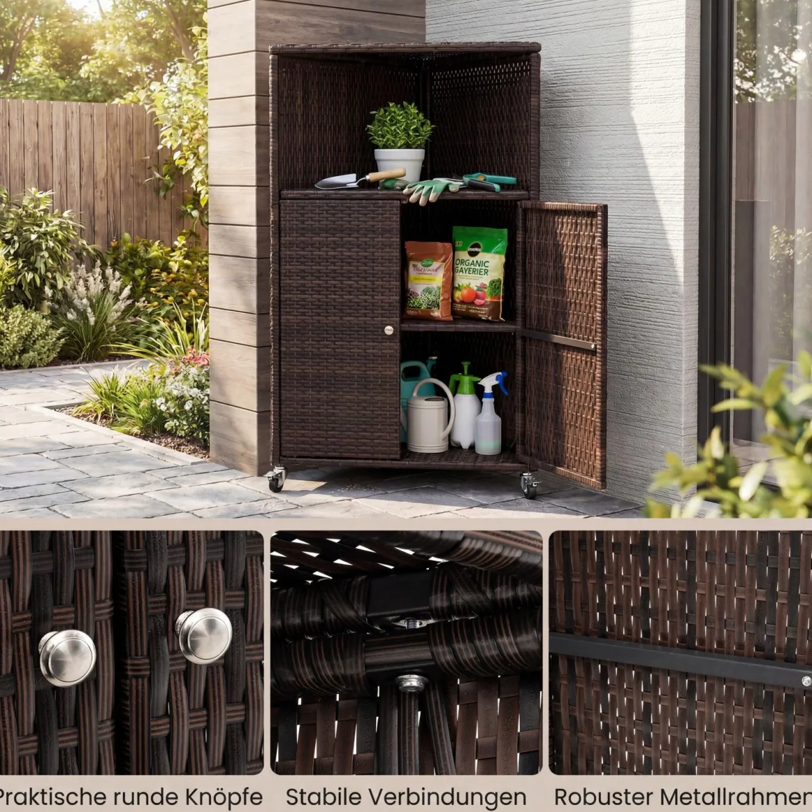 Eckschrank Rattan Outdoor Aufbewahrungsschrank mit 3 Ablagen 2 Türen und Feststellbaren Rollen