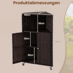 Eckschrank Rattan Outdoor Aufbewahrungsschrank mit 3 Ablagen 2 Türen und Feststellbaren Rollen