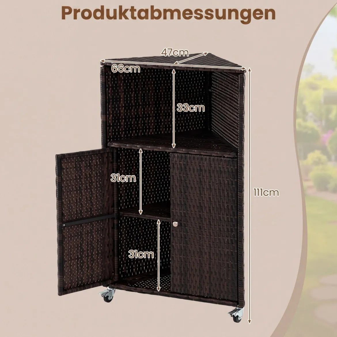 Eckschrank Rattan Outdoor Aufbewahrungsschrank mit 3 Ablagen 2 Türen und Feststellbaren Rollen