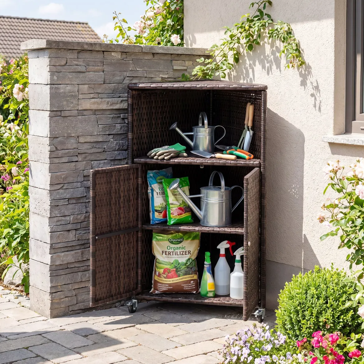 Eckschrank Rattan Outdoor Aufbewahrungsschrank mit 3 Ablagen 2 Türen und Feststellbaren Rollen