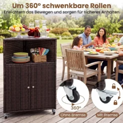 Eckschrank Rattan Outdoor Aufbewahrungsschrank mit 3 Ablagen 2 Türen und Feststellbaren Rollen