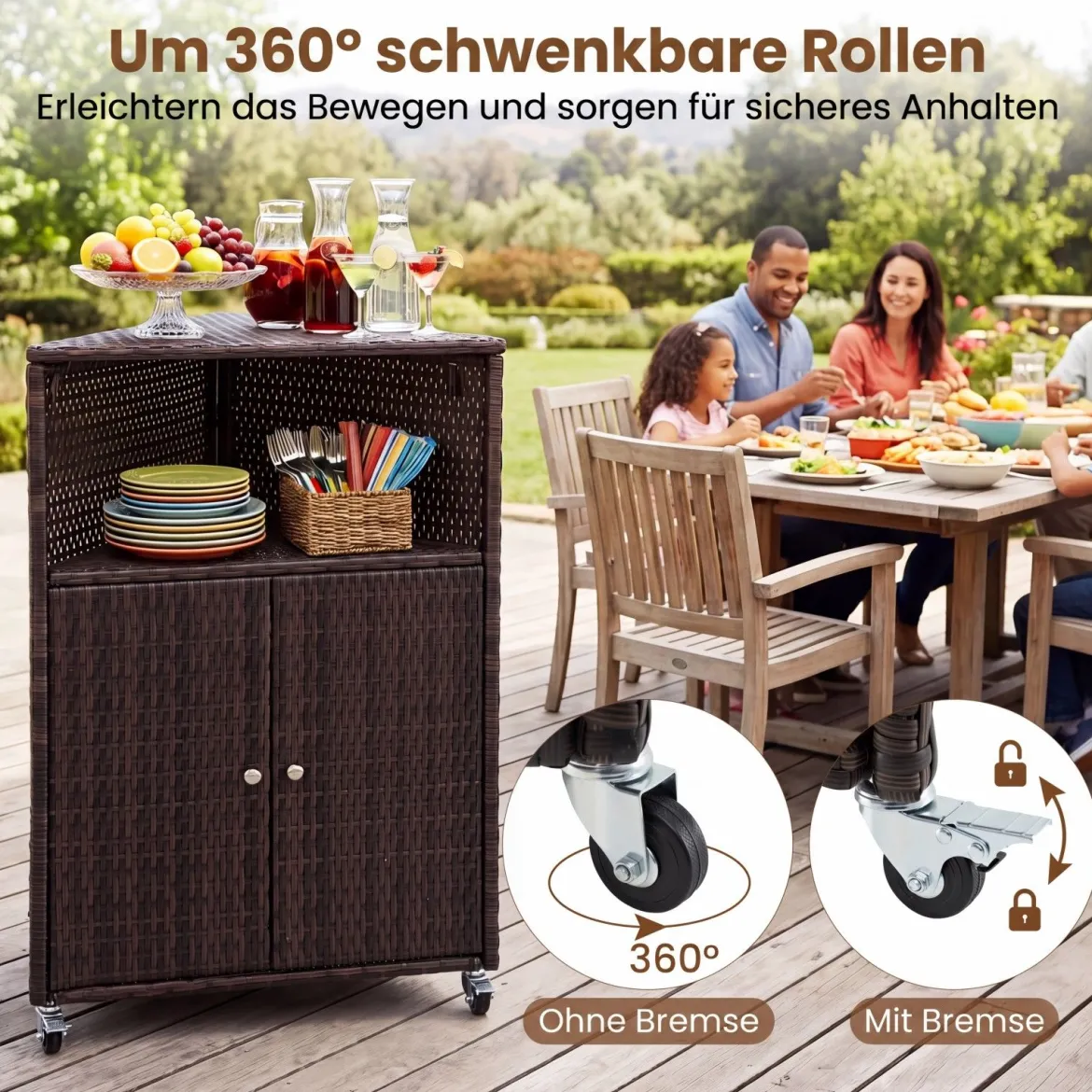 Eckschrank Rattan Outdoor Aufbewahrungsschrank mit 3 Ablagen 2 Türen und Feststellbaren Rollen