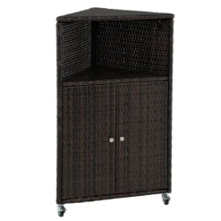 Eckschrank Rattan Outdoor Aufbewahrungsschrank mit 3 Ablagen 2 Türen und Feststellbaren Rollen