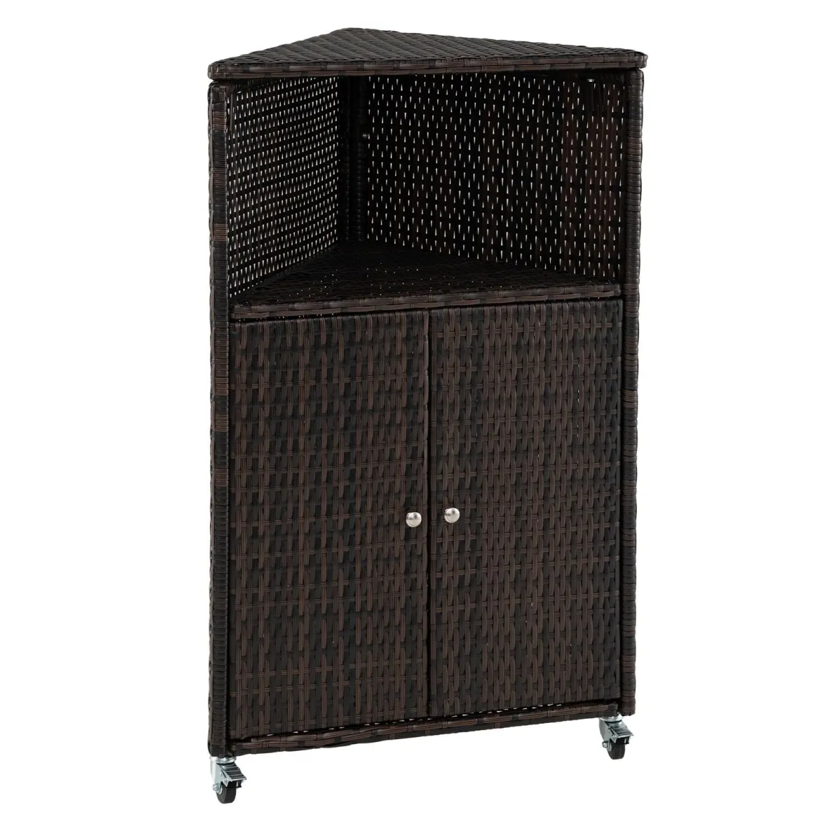 Eckschrank Rattan Outdoor Aufbewahrungsschrank mit 3 Ablagen 2 Türen und Feststellbaren Rollen