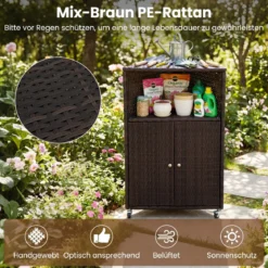 Eckschrank Rattan Outdoor Aufbewahrungsschrank mit 3 Ablagen 2 Türen und Feststellbaren Rollen