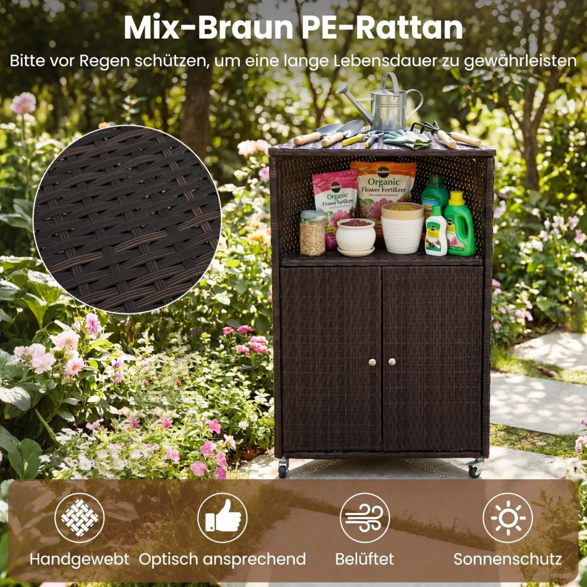 Eckschrank Rattan Outdoor Aufbewahrungsschrank mit 3 Ablagen 2 Türen und Feststellbaren Rollen