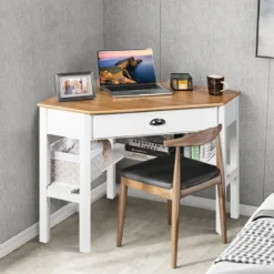 Eckschreibtisch aus Holz Kompakter Schreibtisch mit Schublade & Regalen 75 x 75 x 76 cm Natur + Weiß