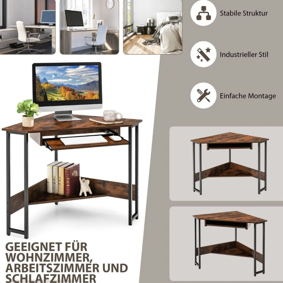 Eckschreibtisch 90-Grad-Dreieck-Computertisch mit Tastaturablage für Kleine Räume Braun