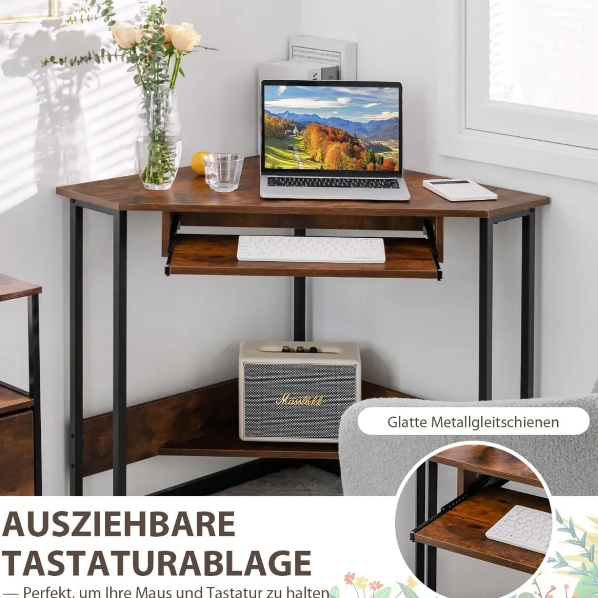 Eckschreibtisch 90-Grad-Dreieck-Computertisch mit Tastaturablage für Kleine Räume Braun