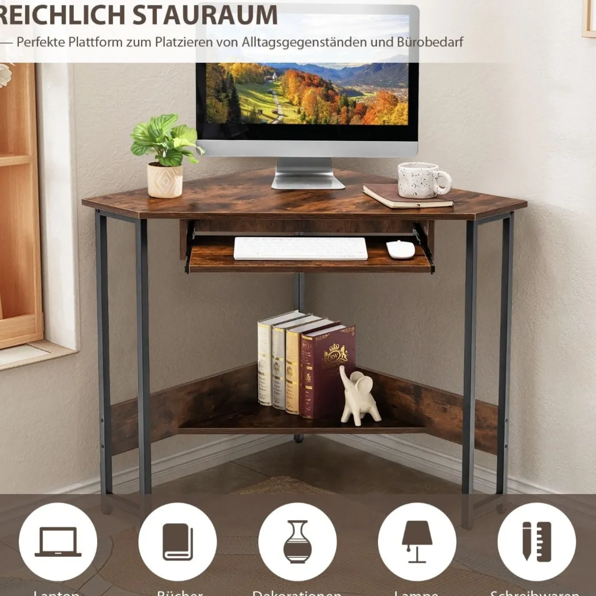 Eckschreibtisch 90-Grad-Dreieck-Computertisch mit Tastaturablage für Kleine Räume Braun