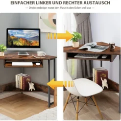 Eckschreibtisch 90-Grad-Dreieck-Computertisch mit Tastaturablage für Kleine Räume Braun