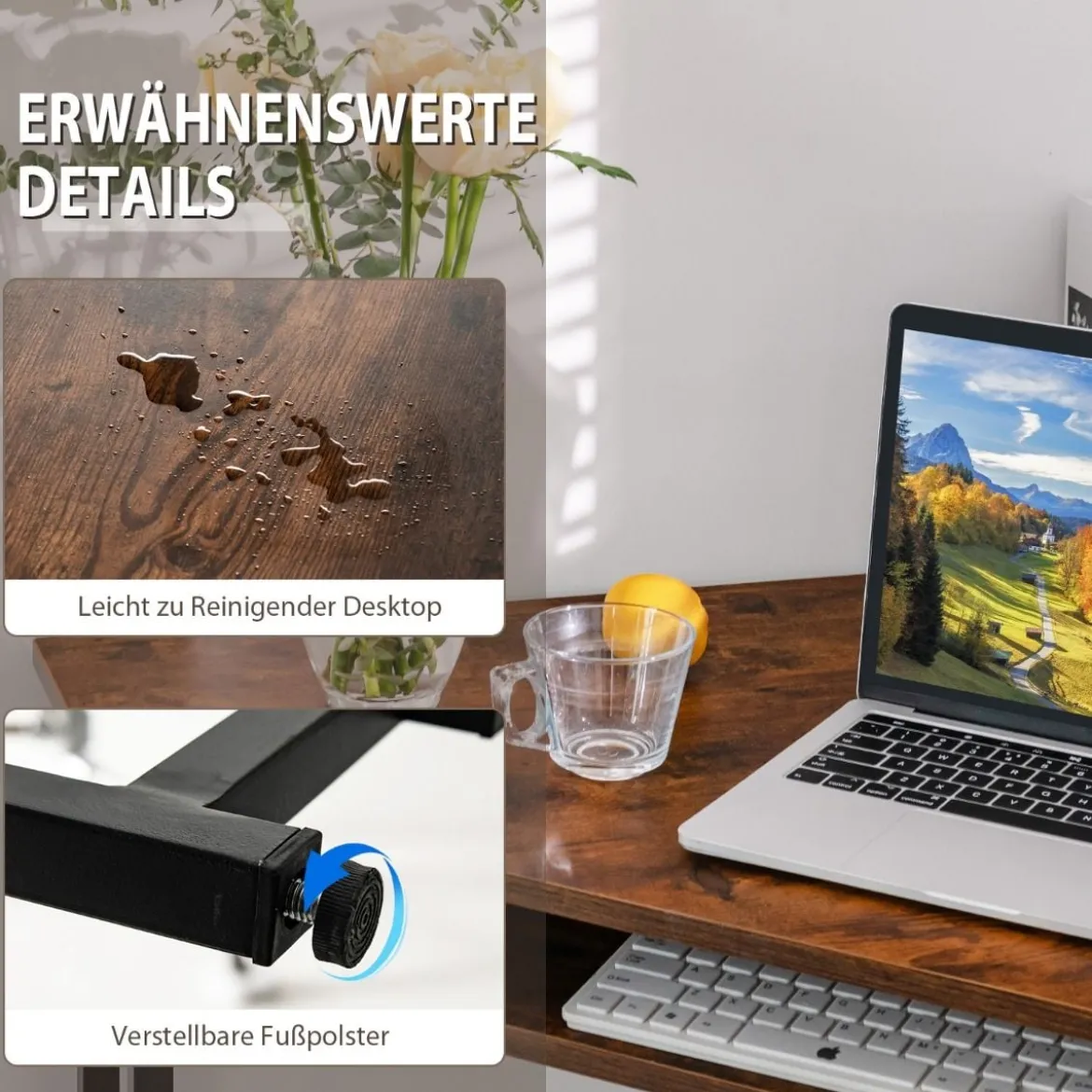 Eckschreibtisch 90-Grad-Dreieck-Computertisch mit Tastaturablage für Kleine Räume Braun