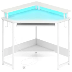 Eckschreibtisch mit Ladestation & LED & Tastaturablage & Monitorständer Gamingtisch Weiß