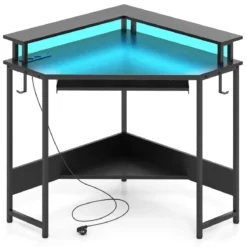 Eckschreibtisch mit Ladestation & LED & Tastaturablage & Monitorständer Gamingtisch Schwarz